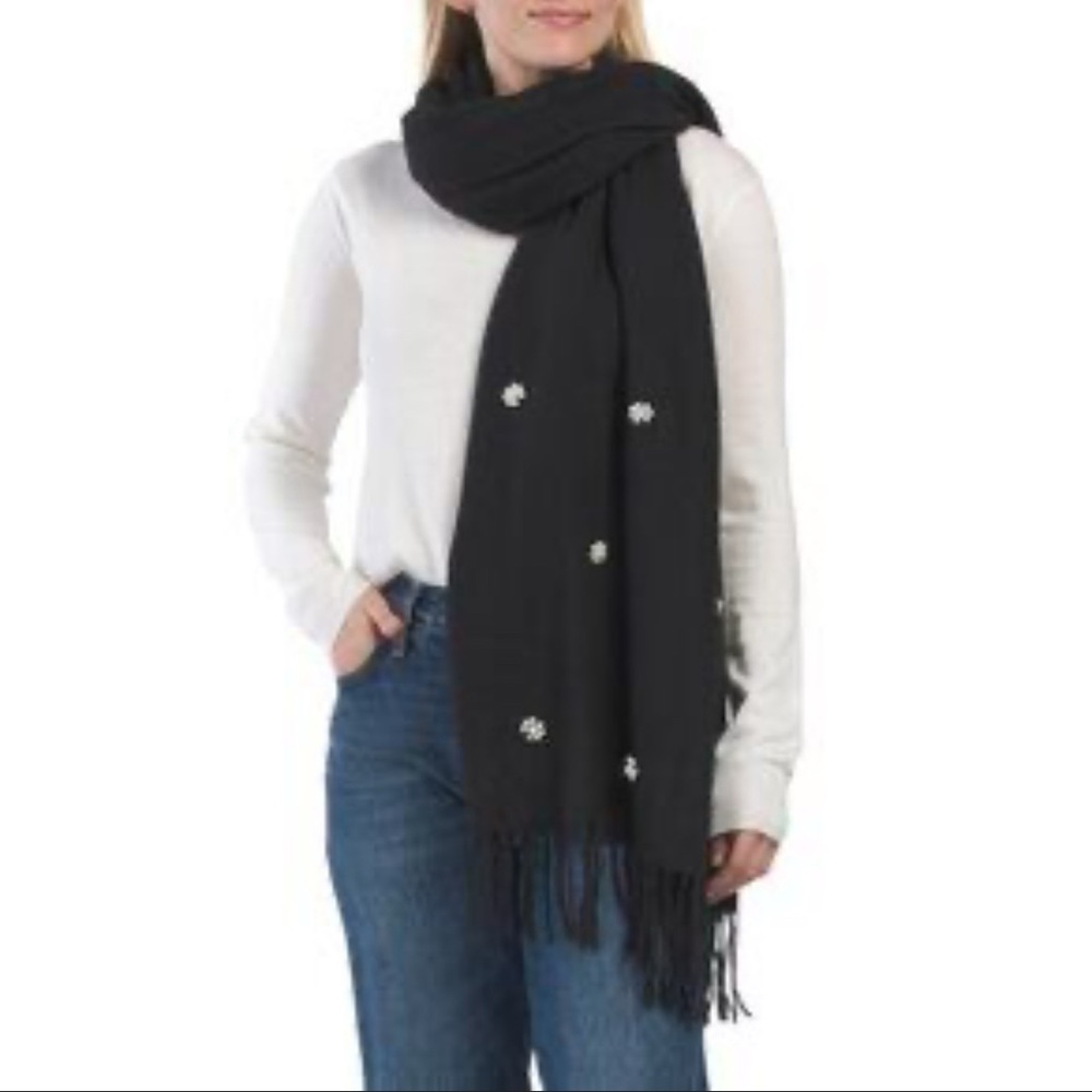 NWT Jessica McClintock soft large black wrap scarf white pearl clusters @ ends